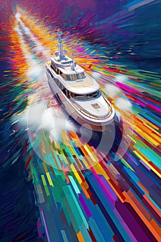 Op-art abstract beautiful luxury yacht over ocean water background. Created with generative Ai