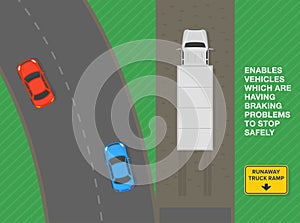 op view of a broken down truck on a runaway truck ramp. Lane enables vehicles which are having braking problems.