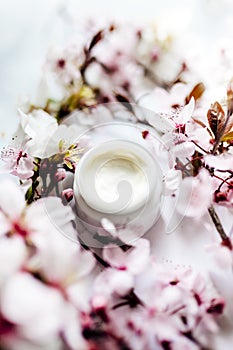 op view of cosmetic cream with pink cherry flowers in a blue glass jar. Hygienic skincare lotion product.Idioma de palabras photo