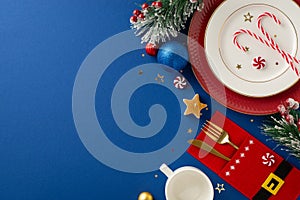 op view photograph of plates, utensil holder, mug, candy canes, baubles, candle, confetti, frosty fir twig on blue backdrop