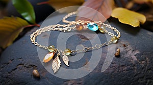 Opal Stone Anklet: Modern Autumn Style Jewelry With Gold Leaves Chain