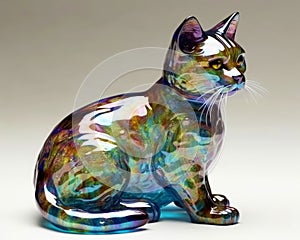 Opalescent glass cute cat figure on white background