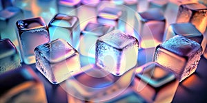 Opalescient ice cubes in blue light. Abstract background with cubes