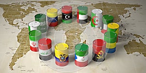 OPEC concept. Oil barrels in color of flags of countries memebers of OPEC on world political map background