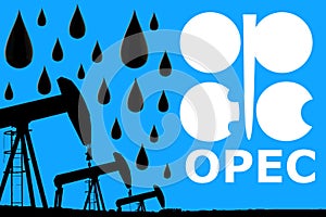 OPEC logo, oil drops and silhouette industrial oil pump jack on blue background