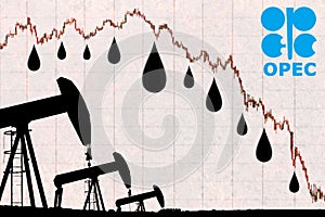 OPEC logo, oil drops and silhouette industrial oil pump jack with devaluation graph