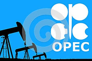 OPEC logo and silhouette industrial oil pump jack
