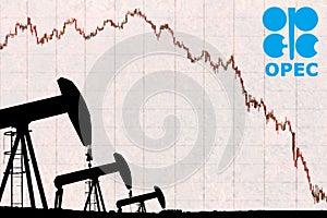 OPEC logo and silhouette industrial oil pump jack with devaluation graph