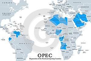 OPEC member states, political map, English labeling