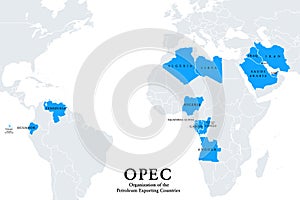 OPEC member states, political map, Organization of the Petroleum Exporting Countries