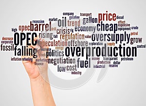 OPEC overproduction word cloud and hand with marker concept