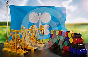 The OPEC's petroleum market. Oil pump made of gold and barrels of metal. The concept of oil production, storage and value.