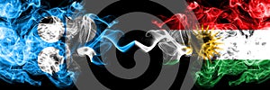 Opec vs Kurdistan, Kurdish abstract smoky mystic flags placed side by side. Thick colored silky smoke flags of Opec and Kurdistan