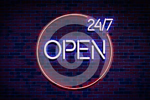 a we are open 24/7 hours neon sign on the wall, night life illuminated glow