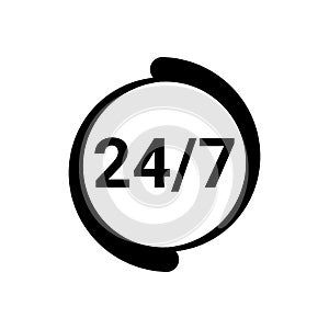 Open 24 7 icon. Service 24 hours day and 7 days week. Open around clock. Black logo template. Flat isolated vector illustration on