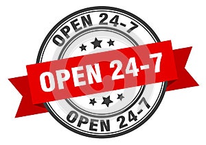 open 24 7 label. open 24 7 round band sign.