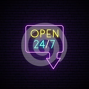 Open 24/7 neon sign. Light vector banner.