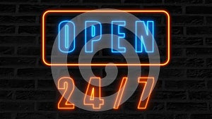 Open 24-7 neon sign, retro style signboard for bar or club, 3d render computer generated background