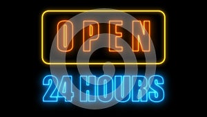 Open 24-7 neon sign, retro style signboard for bar or club, 3d render computer generated background