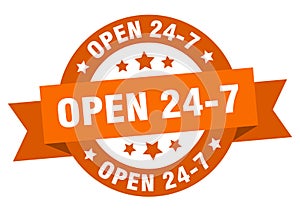 open 24 7 round ribbon isolated label. open 24 7 sign.