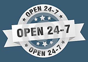 open 24 7 round ribbon isolated label. open 24 7 sign.