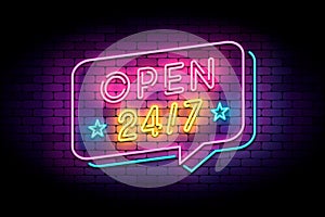 Open 24/7 sign in neon style on a brick wall.