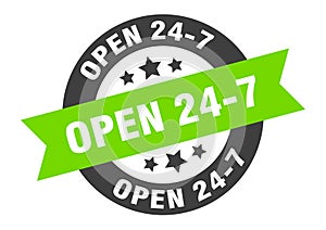 open 24 7 sign. open 24 7 round ribbon sticker. open 24 7