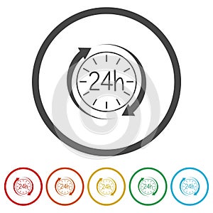 Open 24 hours arrow icon symbol. Set icons in color circle buttons