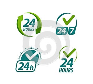 Open 24 hours a day symbol or logo. Always available icon vector