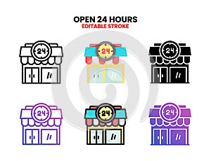 Open 24 Hours icon set with different styles.