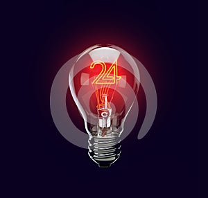 Open 24 hours. Light bulb illuminates with number 24. Brand Concept.