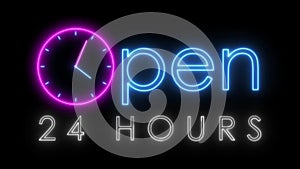 open 24 hours neon animated neon text advertising 24 hours looping 4k open twenty four hours always open