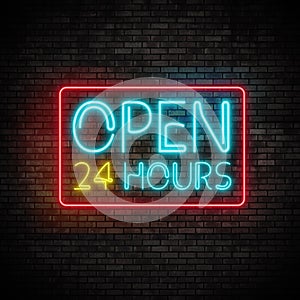 Open 24 Hours Neon Light on Brick Wall