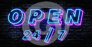 Open 24 hours neon sign  design template. Open Shop neon text, light banner design element colorful modern design trend,