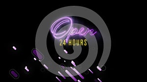 Open 24 hours with purple trails on black background