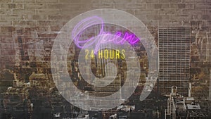 Open 24 hours sign in purple and yellow neon on cityscape
