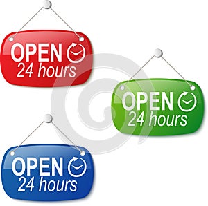 Open 24 hours signs in red green and blue on white