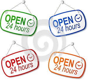 Open 24 hours signs on white