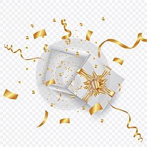 Open 3d realistic gift box with gold ribbon and confetti. Vector illustration.