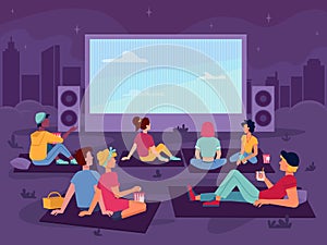 Open air cinema movie, people in park at night