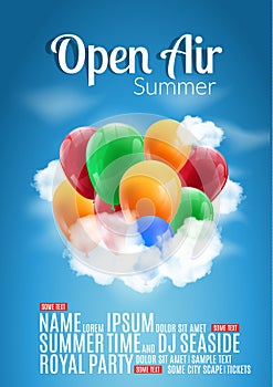 Open Air Festival Party Poster design. Flyer or poster template for Summer Open Air with colorful balloons