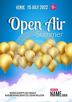 Open Air Festival Party Poster design. Flyer or poster template for Summer Open Air with golden balloons