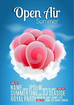 Open Air Festival Party Poster design. Flyer or poster template for Summer Open Air with red balloons