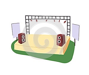 Open air music festival. Empty stage with audio speakers, lighting for live concert, performance in amusement park. Rock