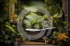 Open air stone bathtub. Beautiful view of outside bathroom on veranda with beautiful tropical garden view in luxury