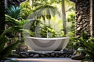 Open air stone bathtub. Beautiful view of outside bathroom on veranda with beautiful tropical garden view in luxury