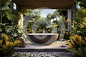 Open air stone bathtub. Beautiful view of outside bathroom on veranda with beautiful tropical garden view in luxury