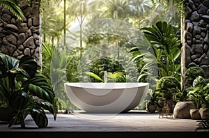 Open air stone bathtub. Beautiful view of outside bathroom on veranda with beautiful tropical garden view in luxury