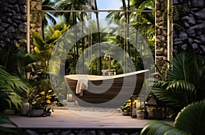 Open air stone bathtub. Beautiful view of outside bathroom on veranda with beautiful tropical garden view in luxury