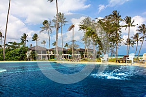 Open-air swimming pool among palm trees